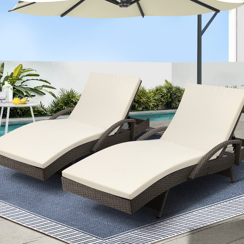 Gardeon 2PC Wicker Sun Lounger Outdoor Furniture Grey Beige Cushion