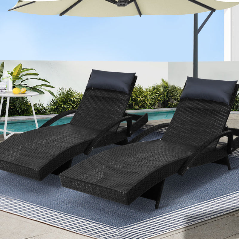 Gardeon 2x Wicker Sun Lounge Outdoor Lounger Chair Black Adjustable
