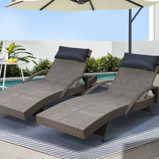 Gardeon Sun Lounge Wicker Lounger Grey Beige Outdoor Furniture 2x