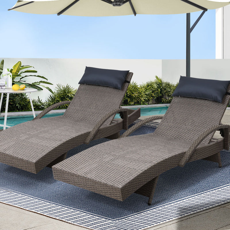 Gardeon Sun Lounge Wicker Lounger Grey Beige Outdoor Furniture 2x