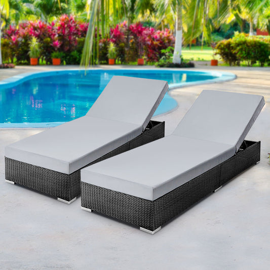 Gardeon 2PC Rattan Sun Lounge Adjustable Outdoor Furniture Day Bed