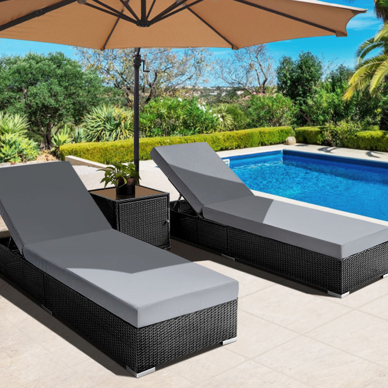 Gardeon 3PC Wicker Sun Lounge Outdoor Furniture Rattan Day Bed