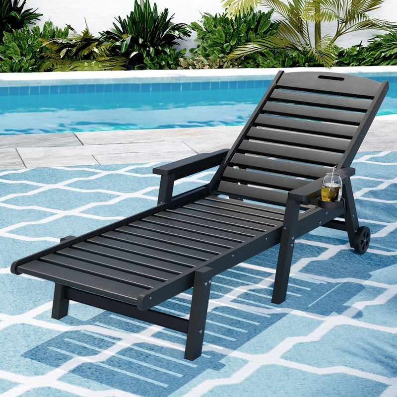 Gardeon Sun Lounge Chair HDPE Wheels Black Outdoor Furniture