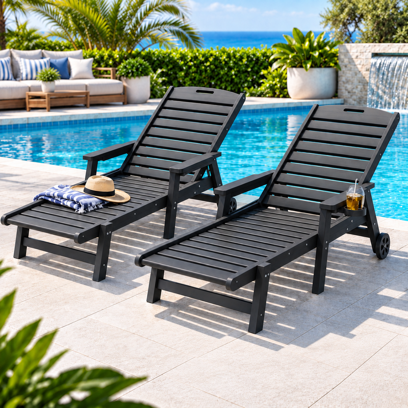 Gardeon 2PCS Sun Lounge Lounger Beach Chair HDPE Patio Outdoor Furniture with Wheels Black