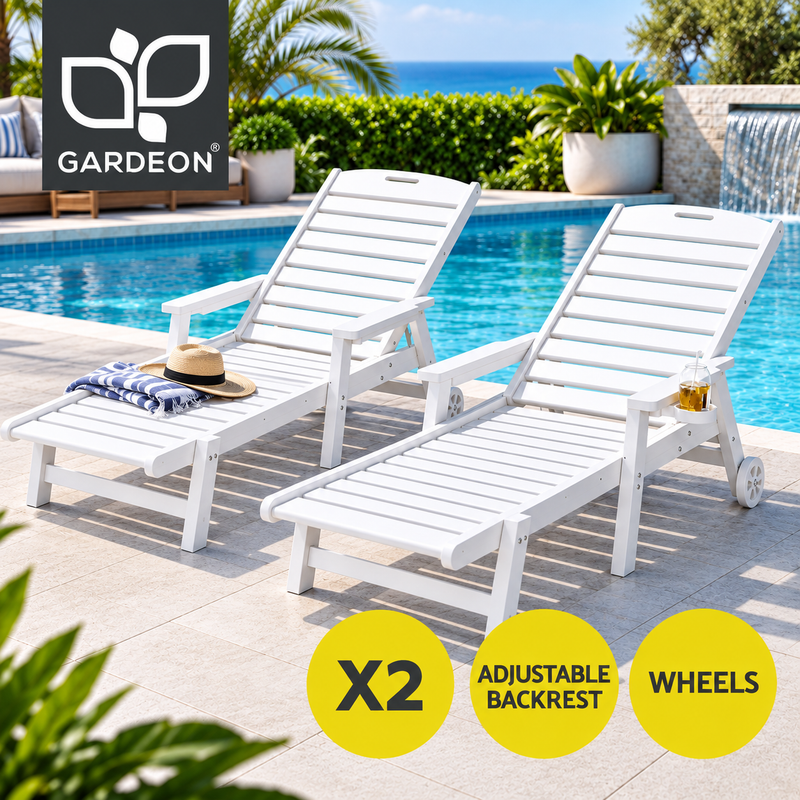 Gardeon 2PCS Sun Lounge Lounger Beach Chair HDPE Patio Outdoor Furniture with Wheels White