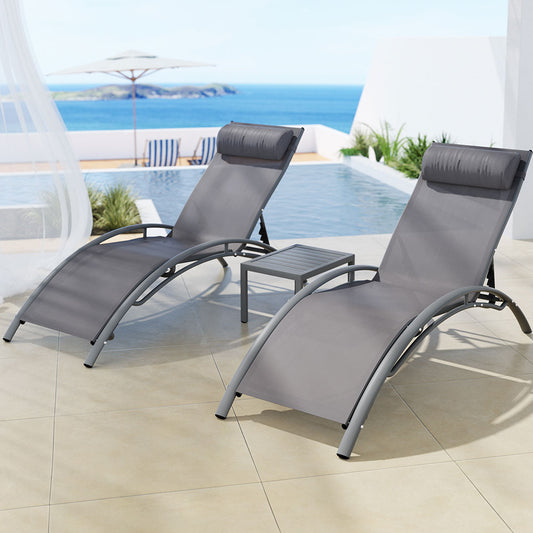 Gardeon 3PC Sun Lounge Lounger Steel Patio Furniture Table Chairs Grey