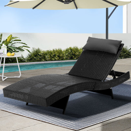 Gardeon Wicker Sun Lounge Outdoor Beach Chair Adjustable Black