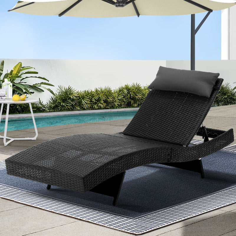 Gardeon Wicker Sun Lounge Outdoor Beach Chair Adjustable Black