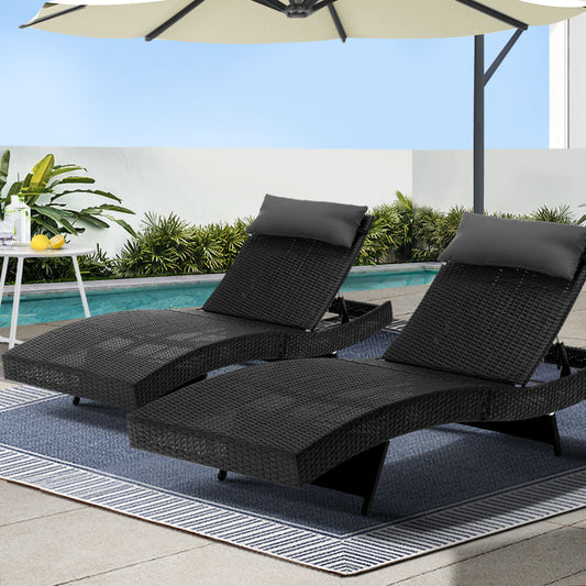 Gardeon 2PC Wicker Sun Lounge Adjustable Outdoor Beach Chair Black