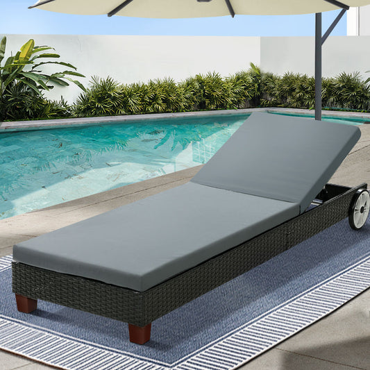 Gardeon Wicker Sun Lounge Outdoor Day Bed Lounger Wheels Black