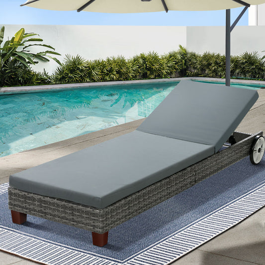 Gardeon Wicker Sun Lounge Grey Outdoor Furniture Wheels Daybed