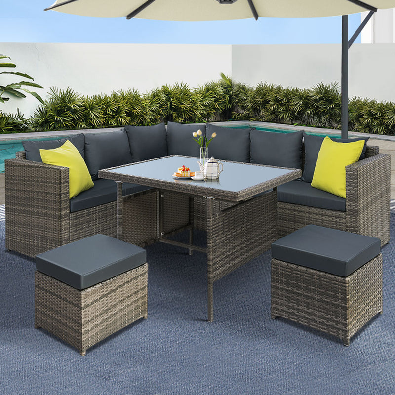 Gardeon Outdoor Dining Set Aluminum Table Chairs Wicker Grey