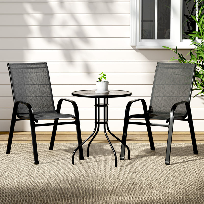 Gardeon 3PC Bistro Set Black Stackable Outdoor Patio Table Chairs