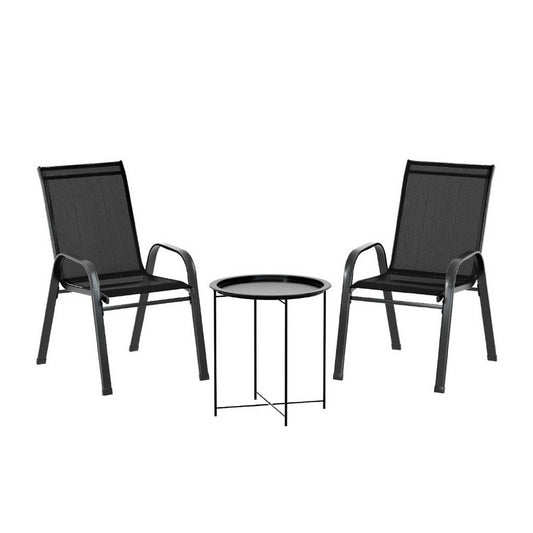 Gardeon 3PC Bistro Set Outdoor Patio Table Chairs Stackable Black