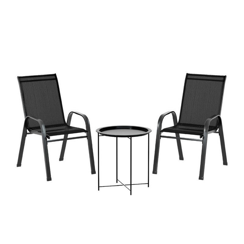 Gardeon 3PC Bistro Set Outdoor Patio Table Chairs Stackable Black