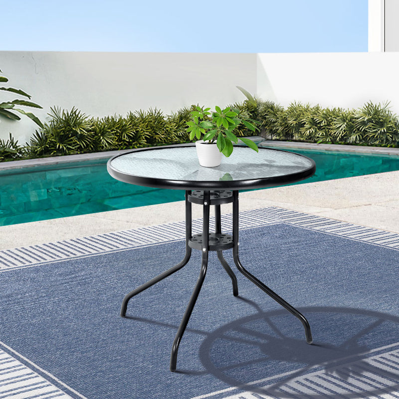 Gardeon Outdoor Bar Table Furniture Glass Cafe Table Steel Side w/Parasol Hole