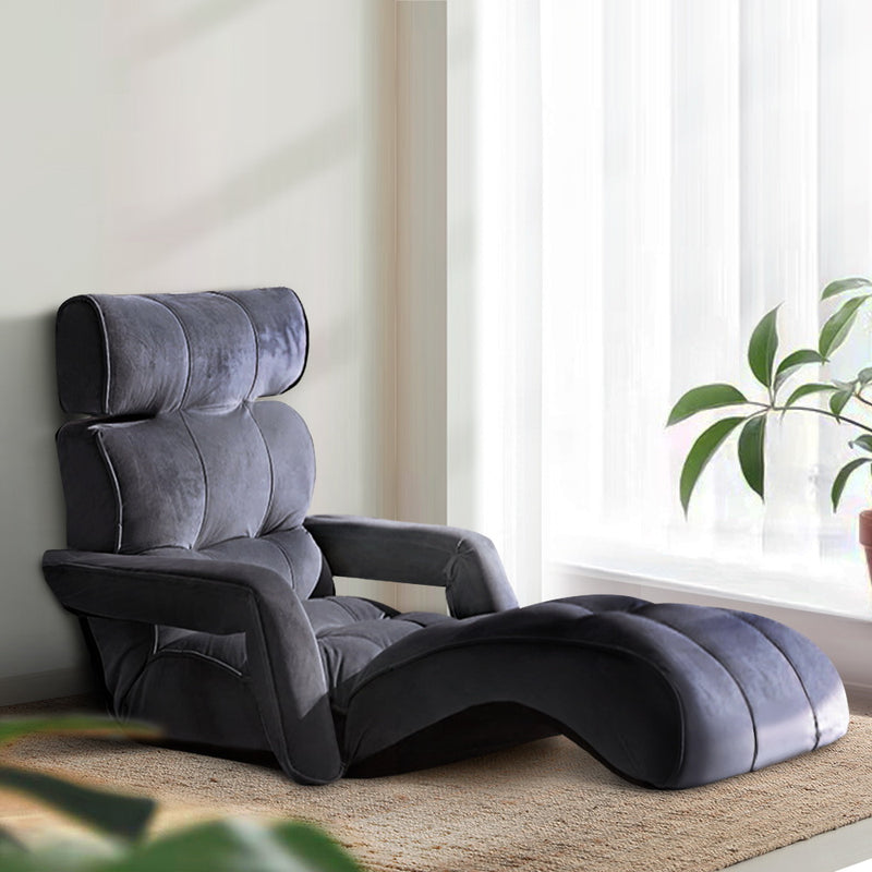 Artiss Floor Lounge Sofa Armrest Flocking Fabric Charcoal