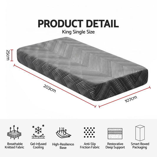 Giselle 25cm King Single Memory Foam Mattress Gel Infused Foam Removable Cover