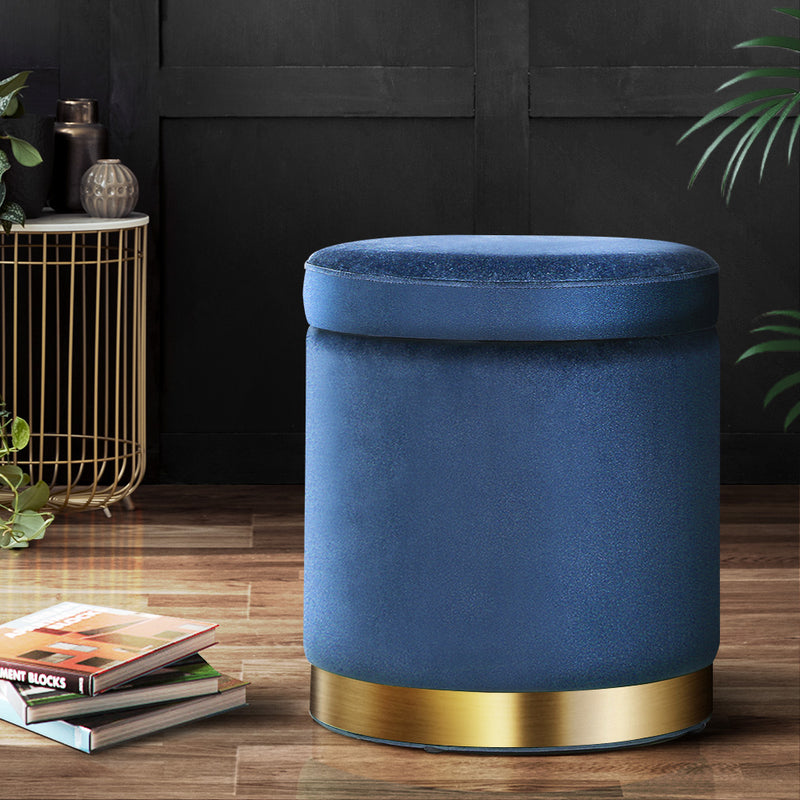 Artiss Ottoman Storage Foot Stool Round Navy Velvet