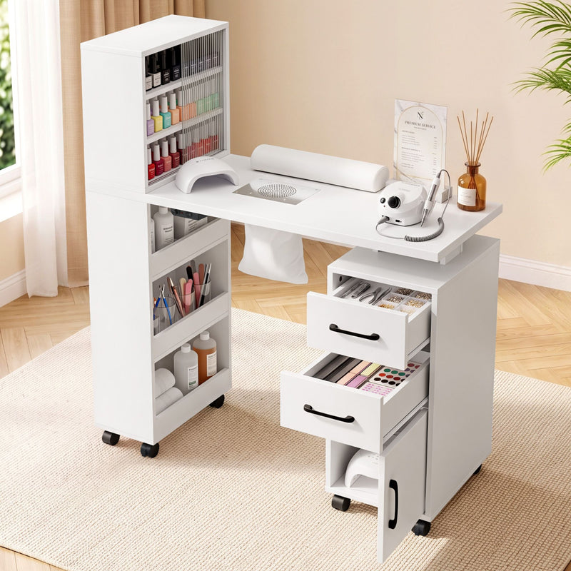 Artiss Manicure Table Nail Desk with Built-in Dust Collector Beauty Salon Station Drawers Shelves Wrist Cushion White