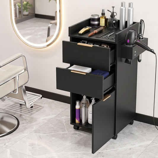 Artiss Professional Salon Station Rolling Cart, Hair Styling Beauty Cabinet with 2 Drawers, Large Supply Cabinet & 3 Appliance Holders, Wood Barber Spa Trolley with 360° Wheels for Skincare & Vanity, Black