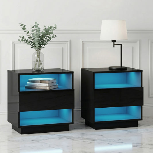 Artiss 2x Bedside Table LED Light 2 Shelves Black