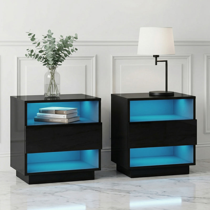 Artiss 2x Bedside Table LED Light 2 Shelves Black