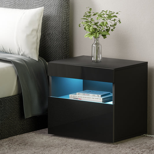 Artiss Bedside Table LED Black 2 Drawer Storage