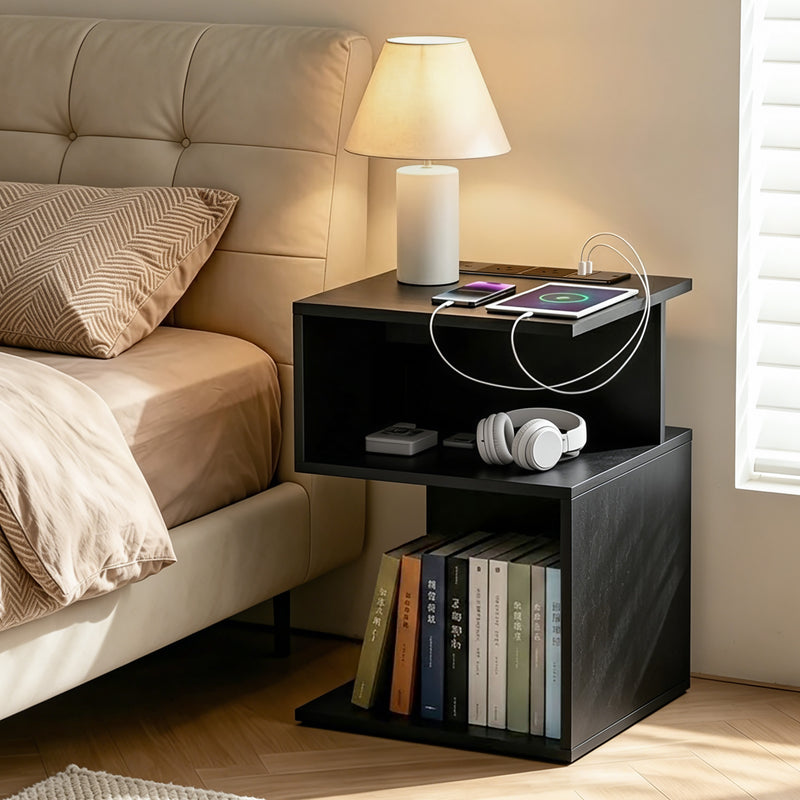 Artiss Bedside Table 2 Shelf S-Shape Charging Station Black