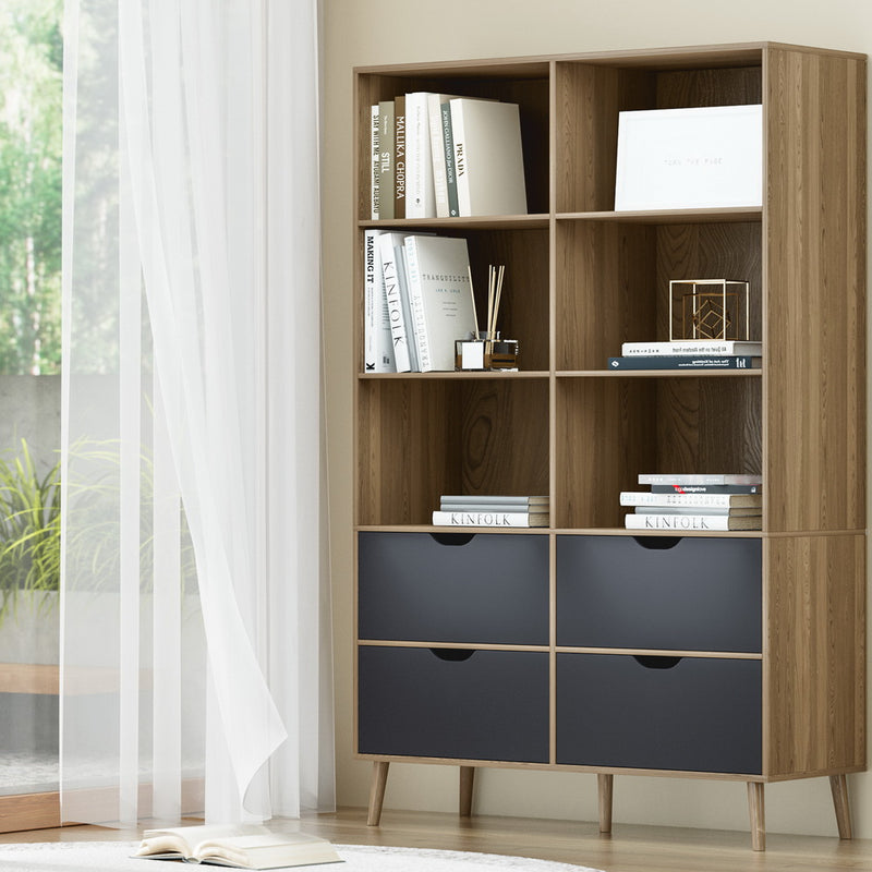 Artiss Bookshelf 4 Drawer Oak Blue Storage Organiser Unit