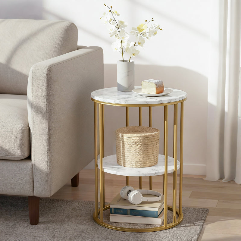 Artiss Coffee Table 2-Tier Round Marble White Gold