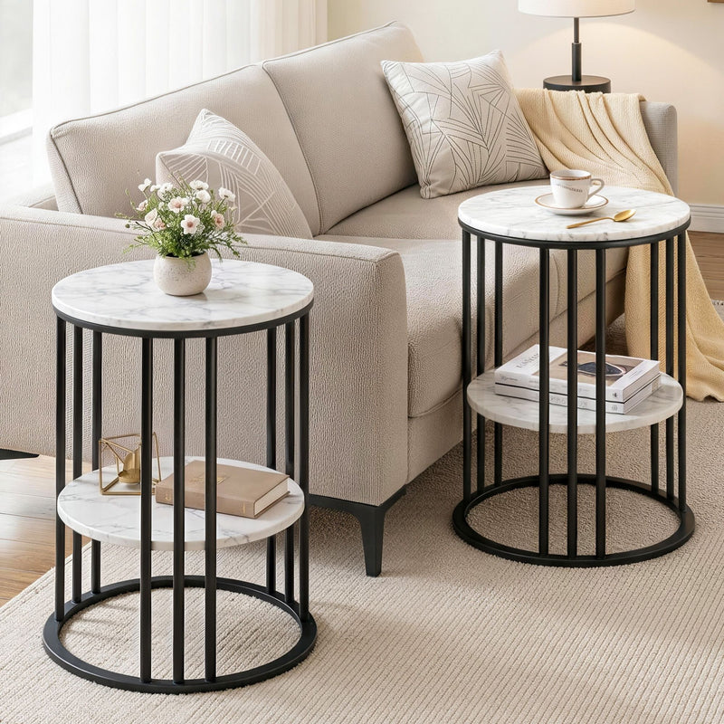 Artiss Set of 2 Round Side Table Marble Effect 2-Tier Coffee