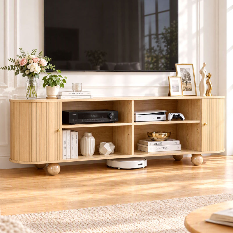 Artiss 180cm TV Unit Storage Shelf Curved Edge Sliding Fluted Style Door Pine