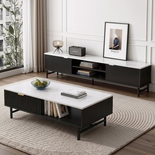 Artiss TV Unit Coffee Table Set Storage Shelf Black