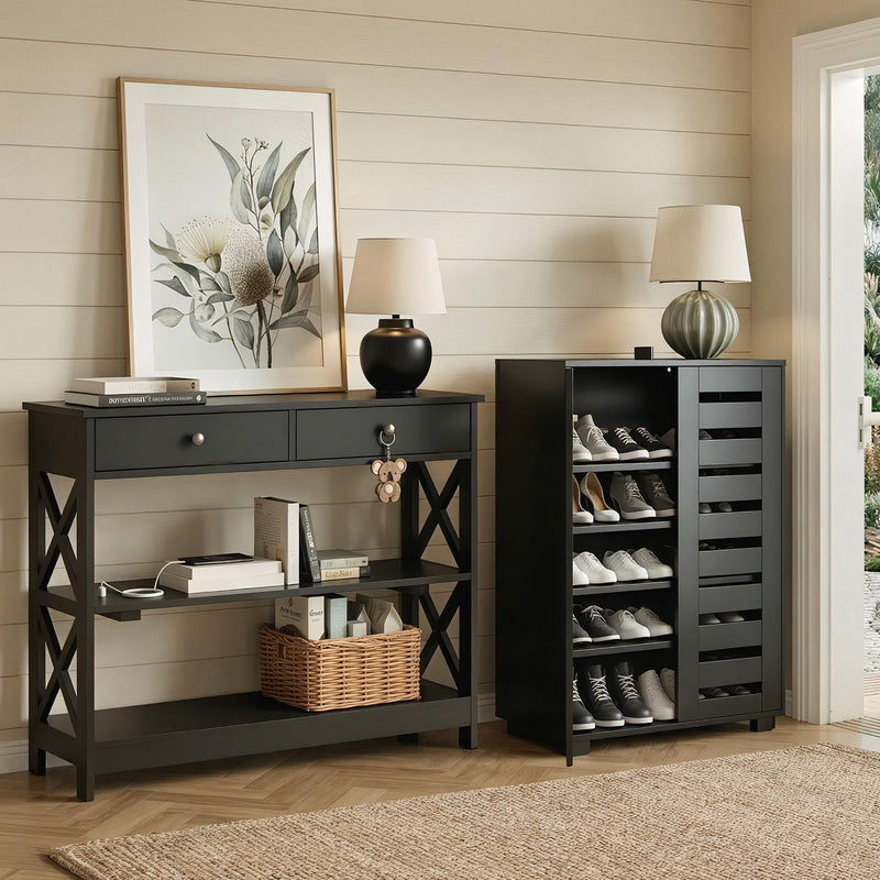 Artiss Shoe Rack Cabinet Console Table Black Storage Shelf