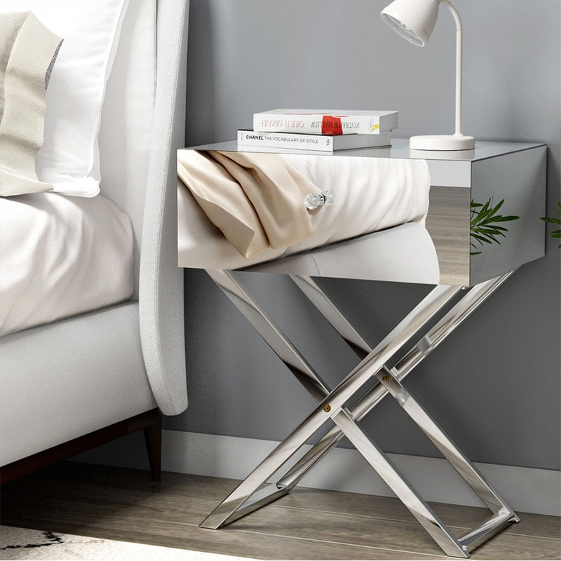 Artiss Mirrored Bedside Table 2 Drawer Nightstand Silver