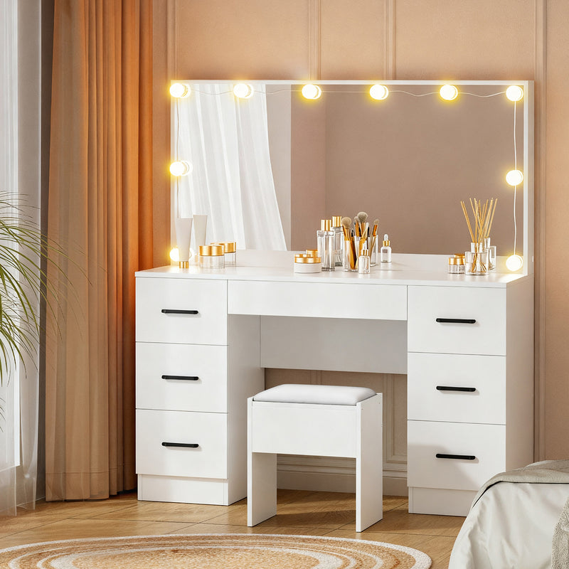 Artiss Dressing Table Set White 10 LED Bulbs Stool