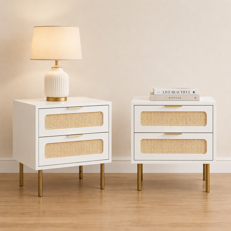 Artiss 2x Rattan Bedside Table 2 Drawers White