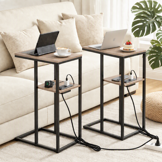 Artiss C-Shaped End Table Set Of 2 Charging Station 2-Tier Side Coffee Table Bedside Wood