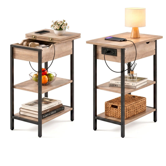 Artiss Coffee Table Set Of 2 Side Bedside End Table Charging Station Flip-Top Storage 60cm Wood