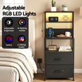 Artiss Bedside Table Tall LED Charging Drawers Black Nightstand