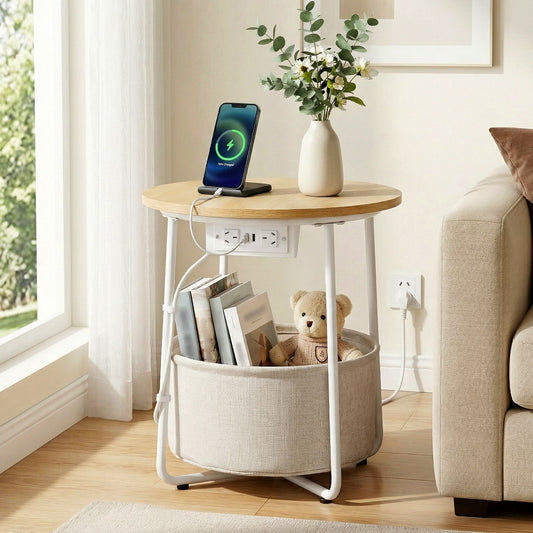 Artiss Round Coffee Table Charging Station Storage Basket