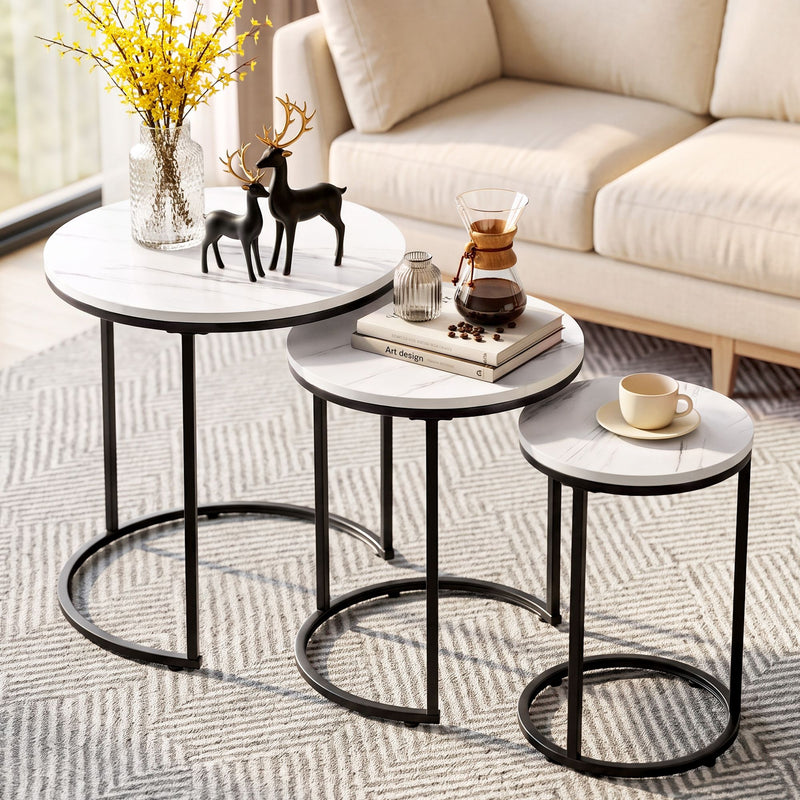 Artiss Nesting Coffee Table Set of 3 Round Stackable Side End Tables Marble Finish White