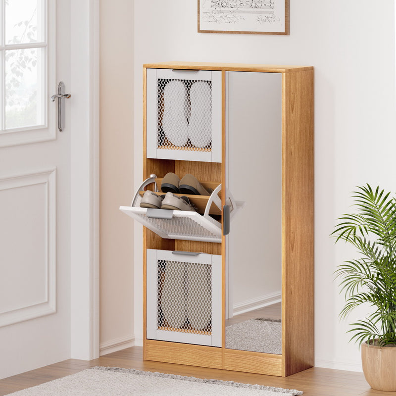 Artiss Shoe Rack Cabinet Mirror White 80cm