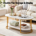 Artiss Coffee Table 2 Tier Oval Marble Finish Storage Shelf Metal Frame Center Table Living Room 100x50x45cm White & Gold