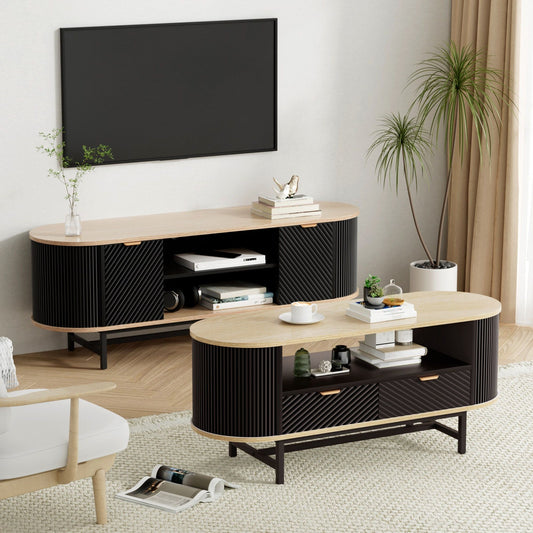 Artiss TV Unit Coffee Table Set Storage Drawers Black Pine