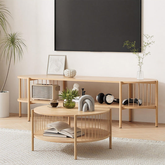 Artiss TV Unit Coffee Table Set Pine Storage Shelf