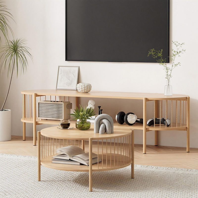 Artiss TV Unit Coffee Table Set Pine Storage Shelf
