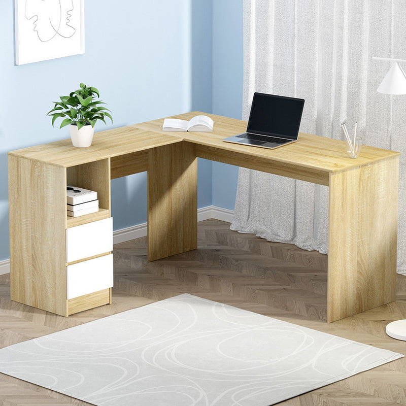 Artiss L-Shape Computer Desk 136CM Drawer Cabinet Oak