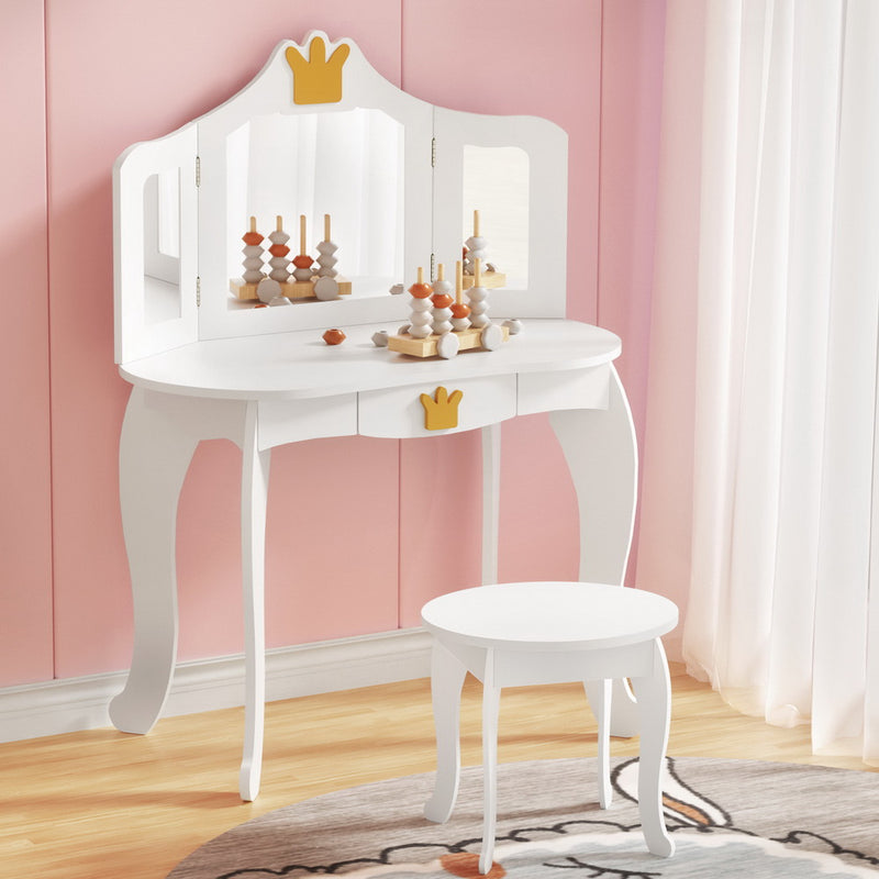Keezi Kids Dressing Table 3 Mirror Drawer White Wooden Vanity Set